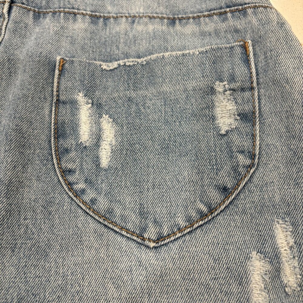 Hayden Light denim mini skirt, ruffled waist, frayed Hemline, Vintage Vibe Small - Picture 8 of 9